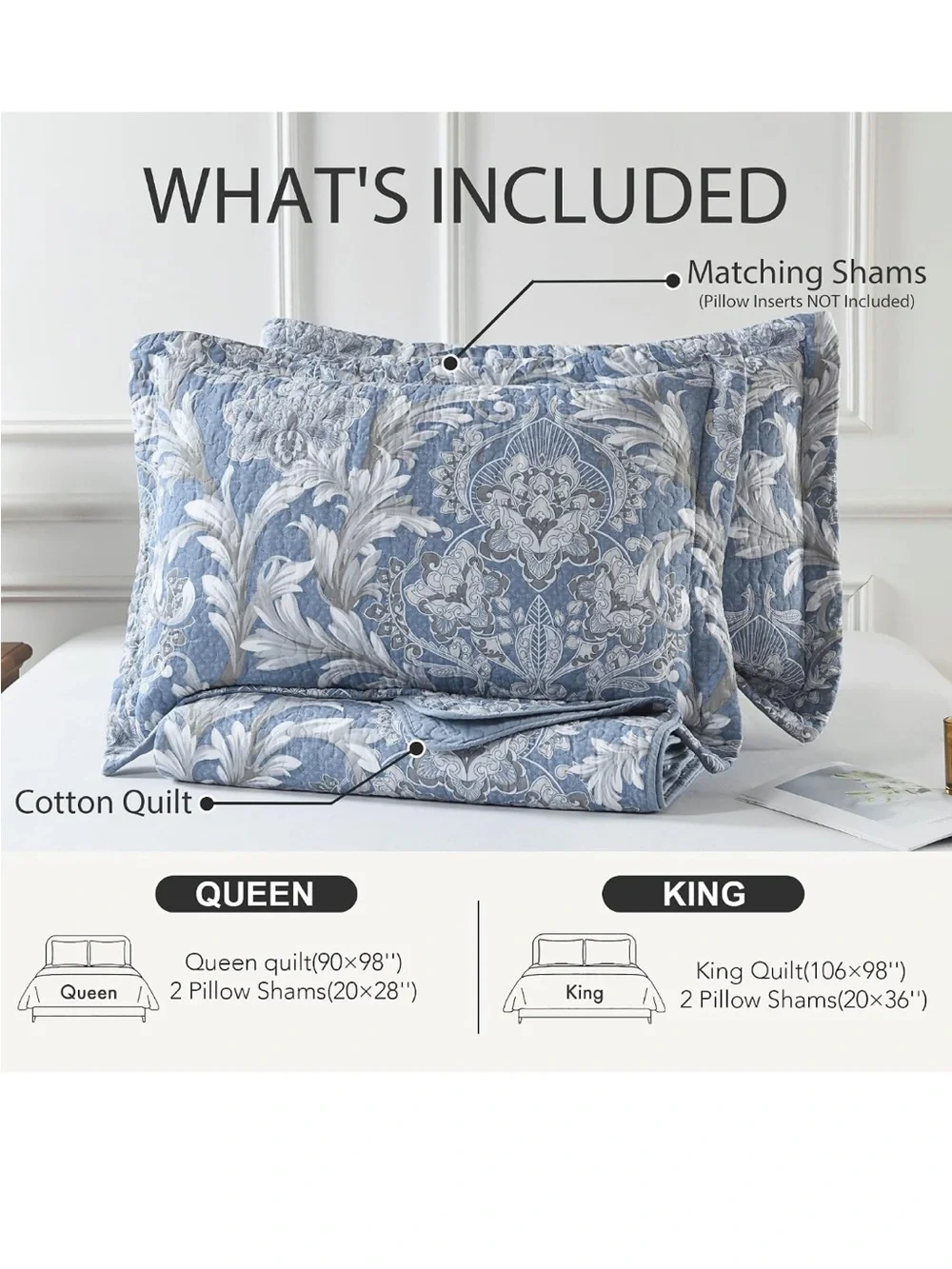 100% Cotton Blue Floral King Quilt Set Luxury Damask 106x98 3 Pcs Reversible